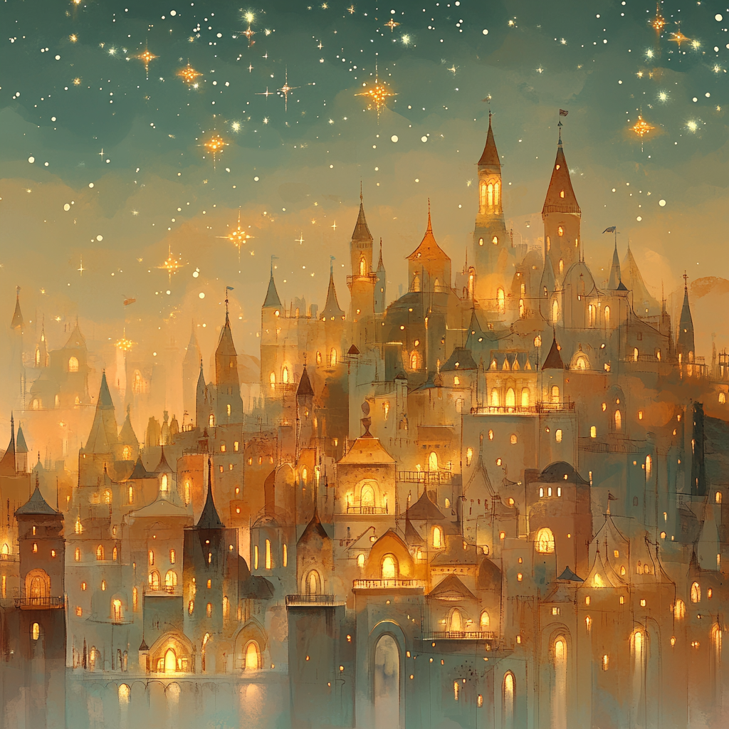 A colorful cartoon city, shining with golden light