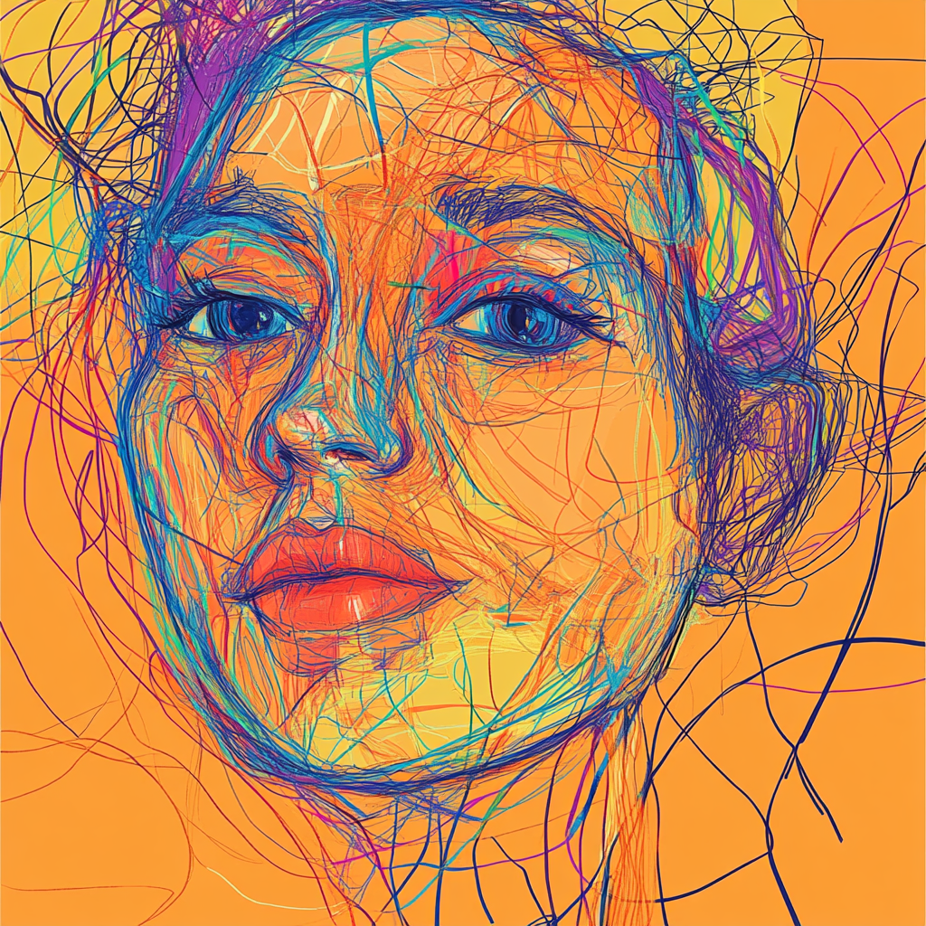 A colorful cartoon drawing of a woman's face