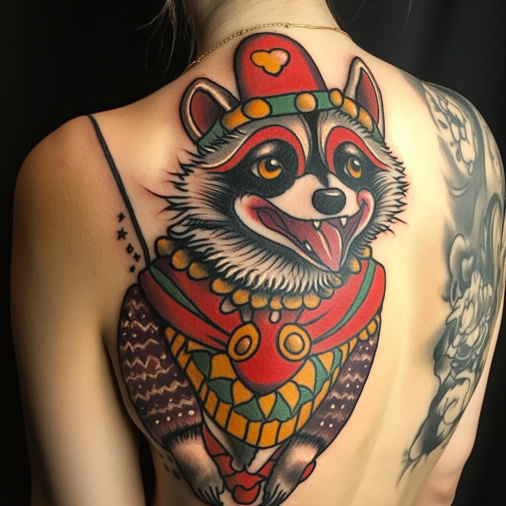 A colorful circus clown raccoon tattoo on shoulder.