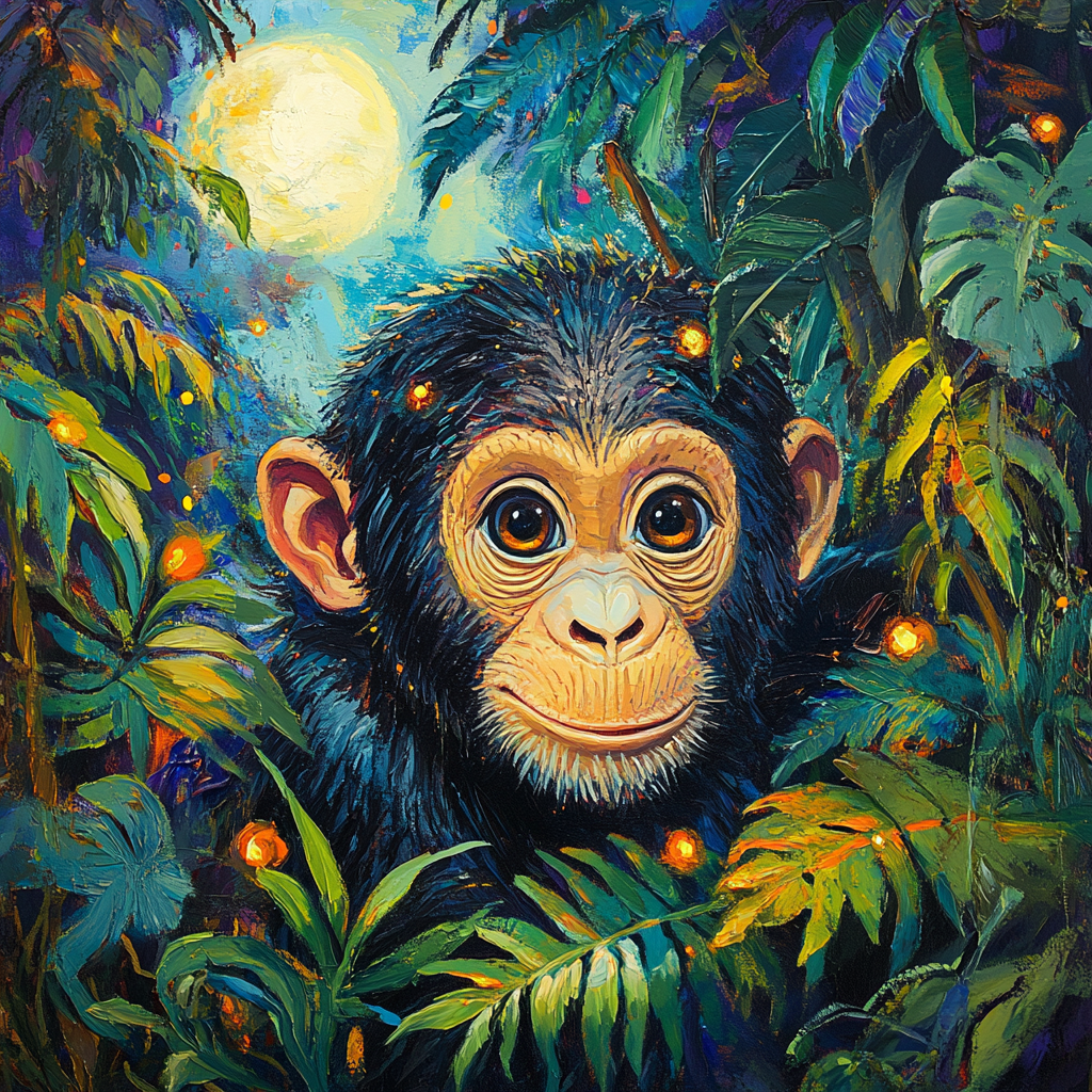 A colorful close-up painting of baby chimpanzee in jungle