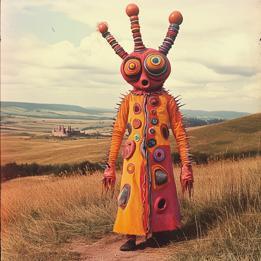 A colorful creature in a surreal castle field