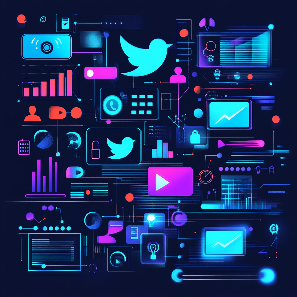 A colorful dashboard of social media icons and data.