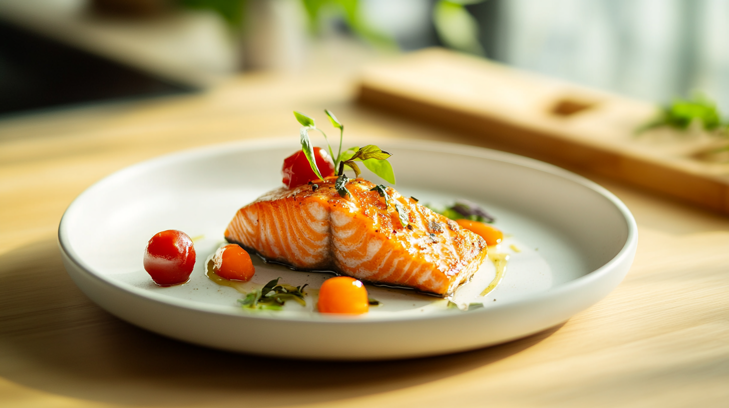 A colorful dish of salmon in modern kitchen.