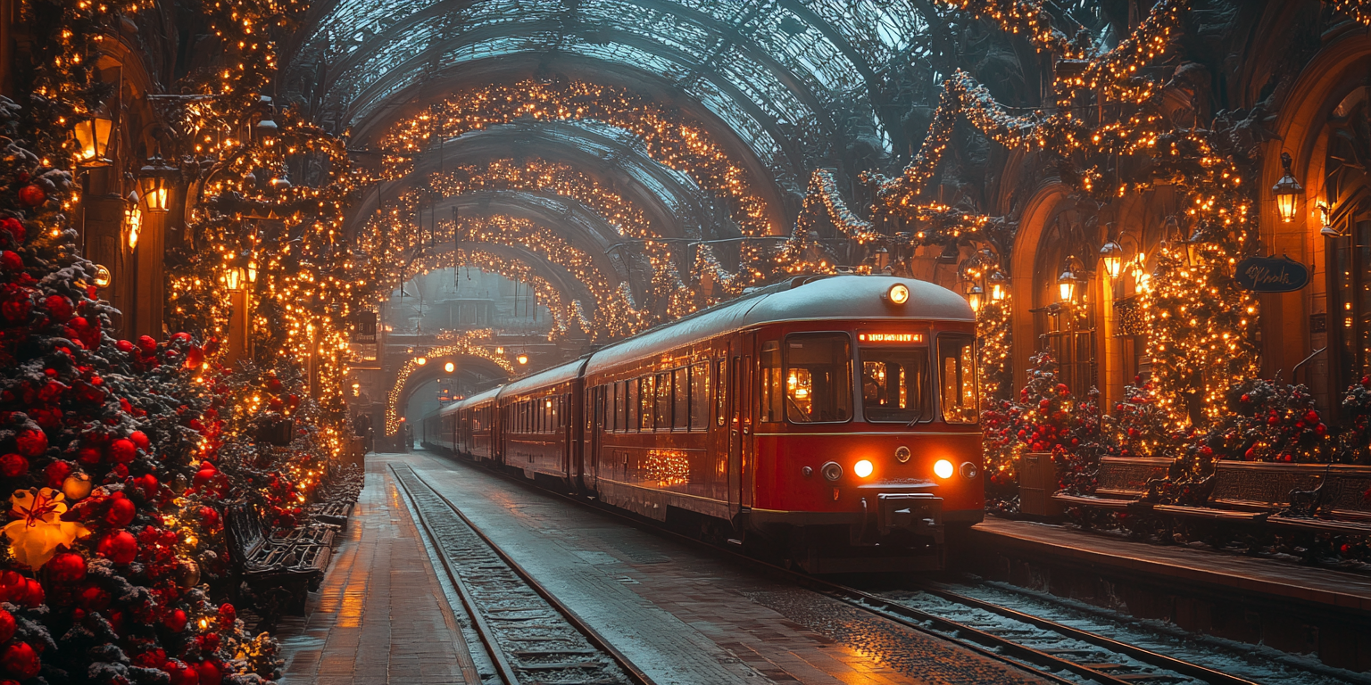 A colorful fairy tale train station at New Year's.