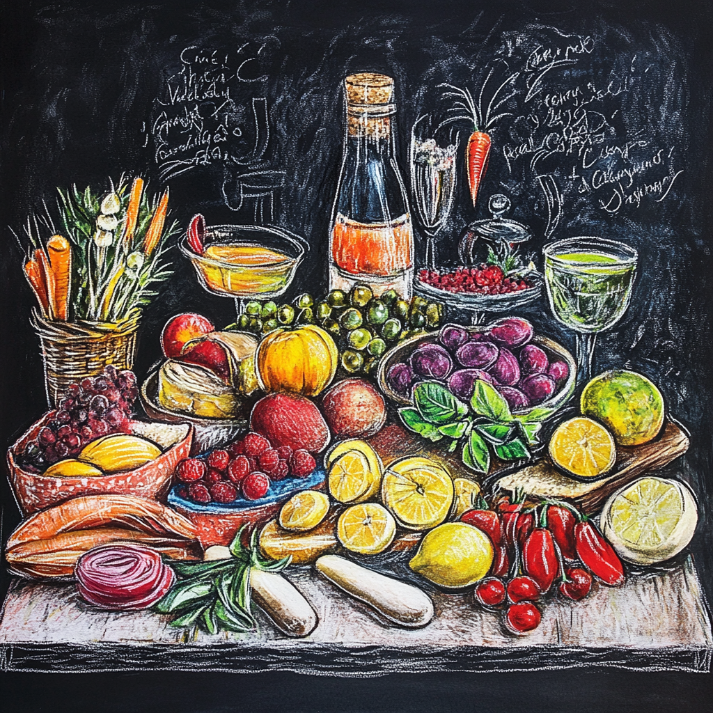 A colorful food table drawn on a chalkboard