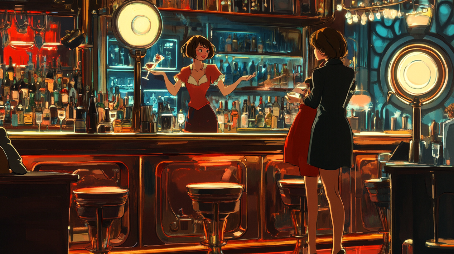 A colorful ghibli movie scene at bar club