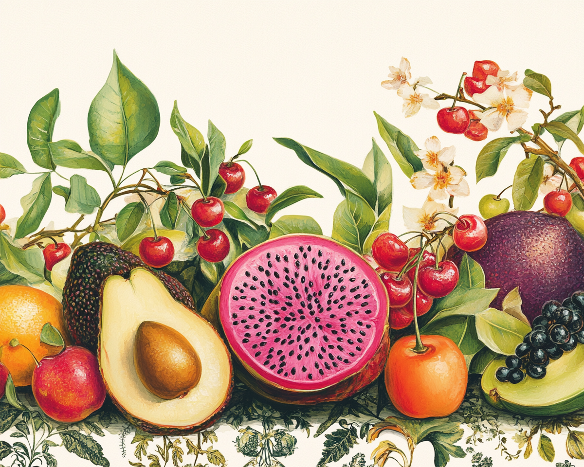 A colorful illustration of exotic fruits and flowers