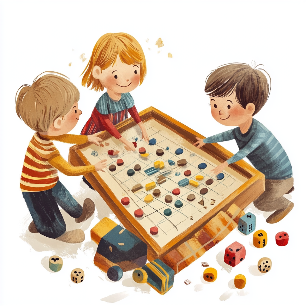 A colorful illustration of people playing games and crafting