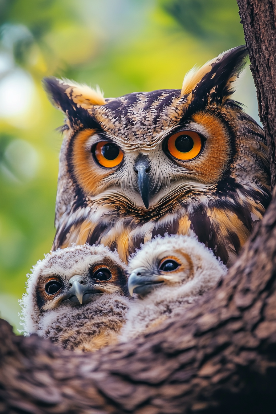 A colorful owl protecting her colorful owl babies.