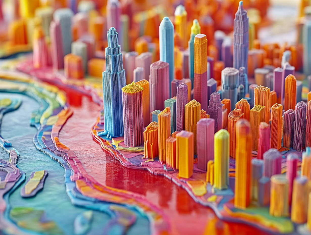 A colorful plastic city with tall towers and river