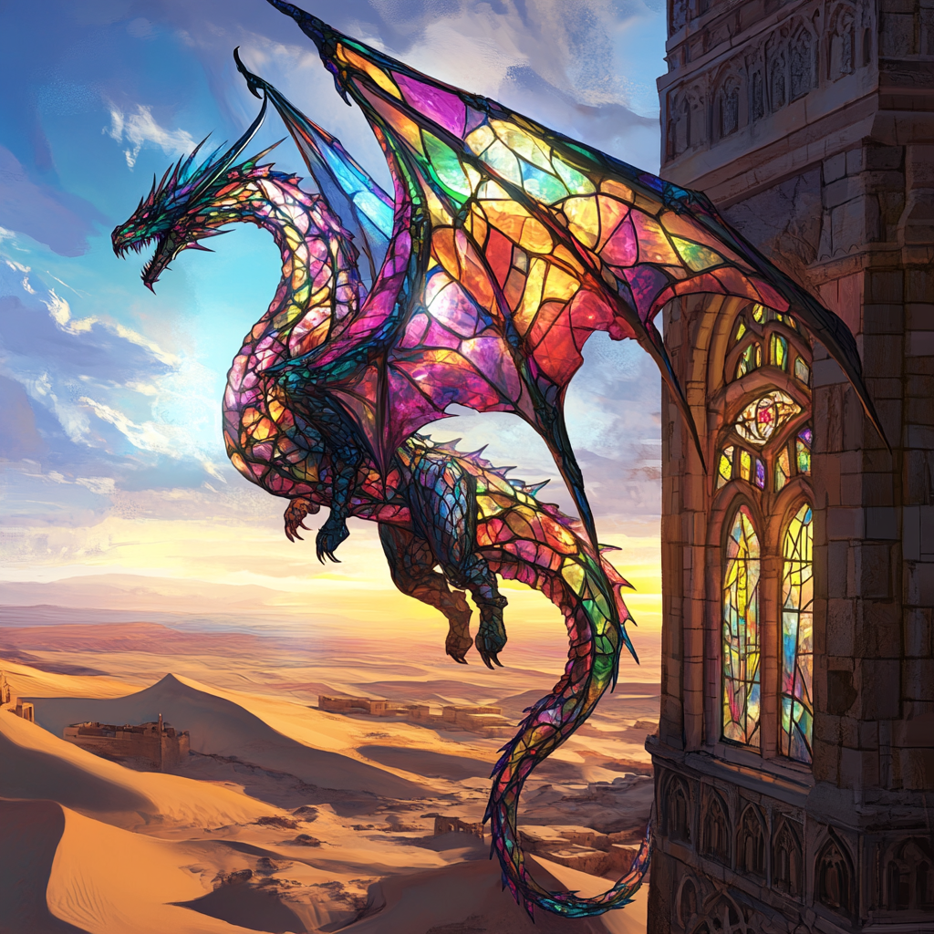 A colorful stained glass dragon on church tower.