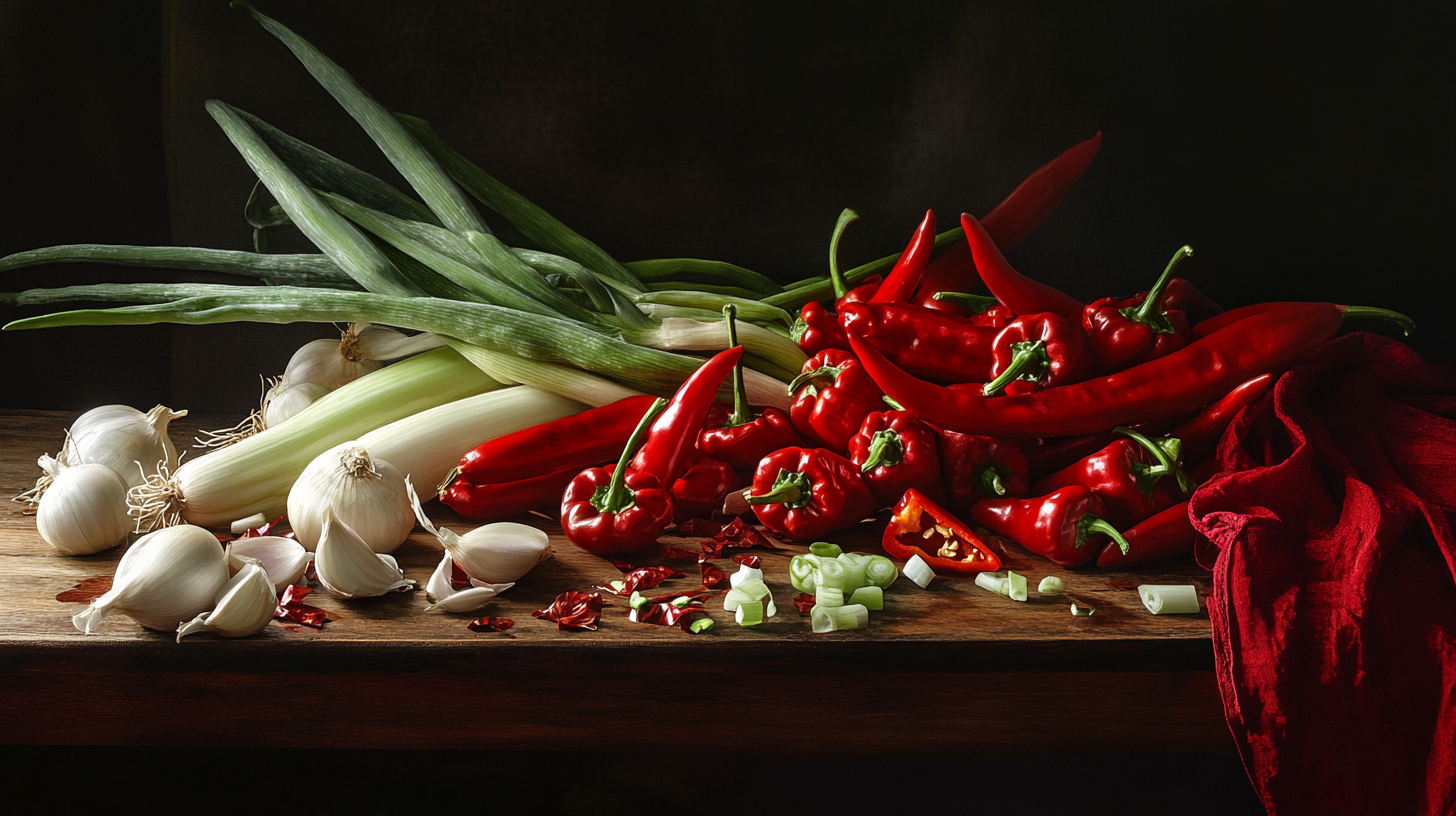 A colorful table with vegetables and garlic