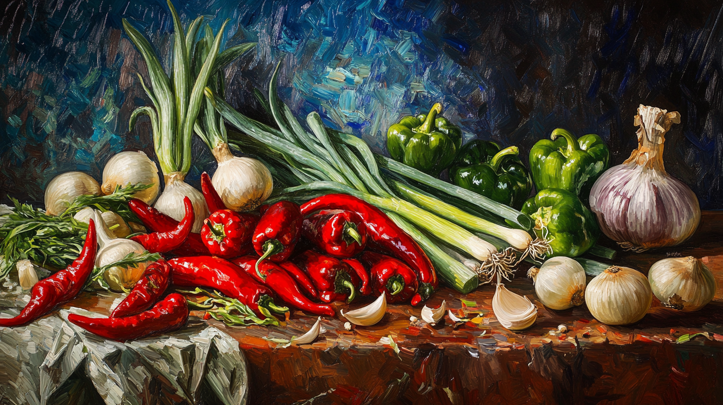 A colorful table with vegetables in van gogh style