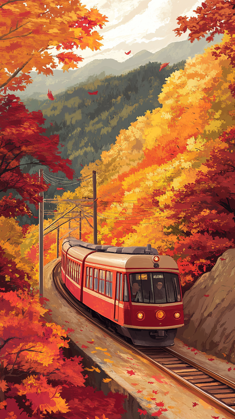 A colorful train travels through autumn mountain landscape