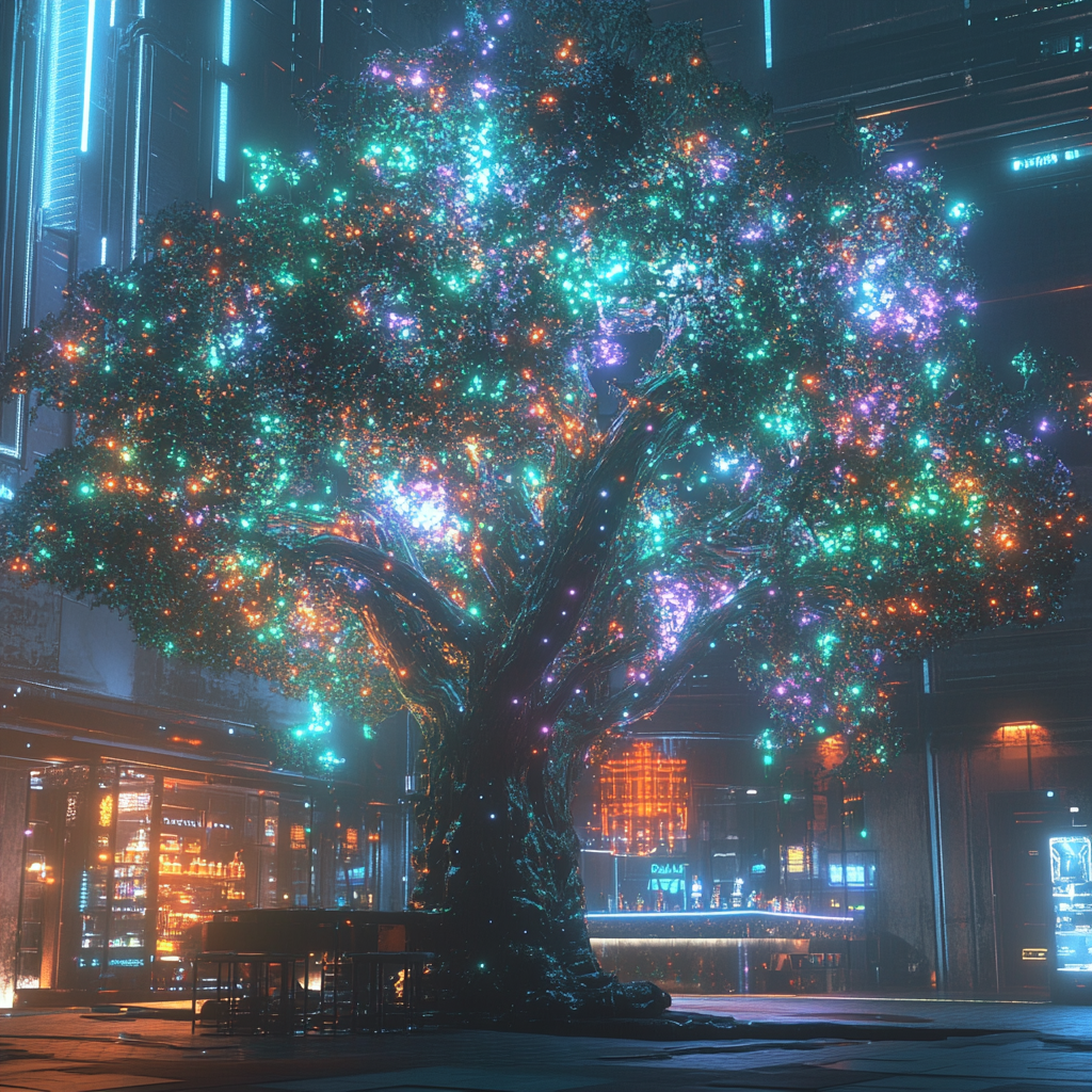 A colorful tree with glowing lights in mall.