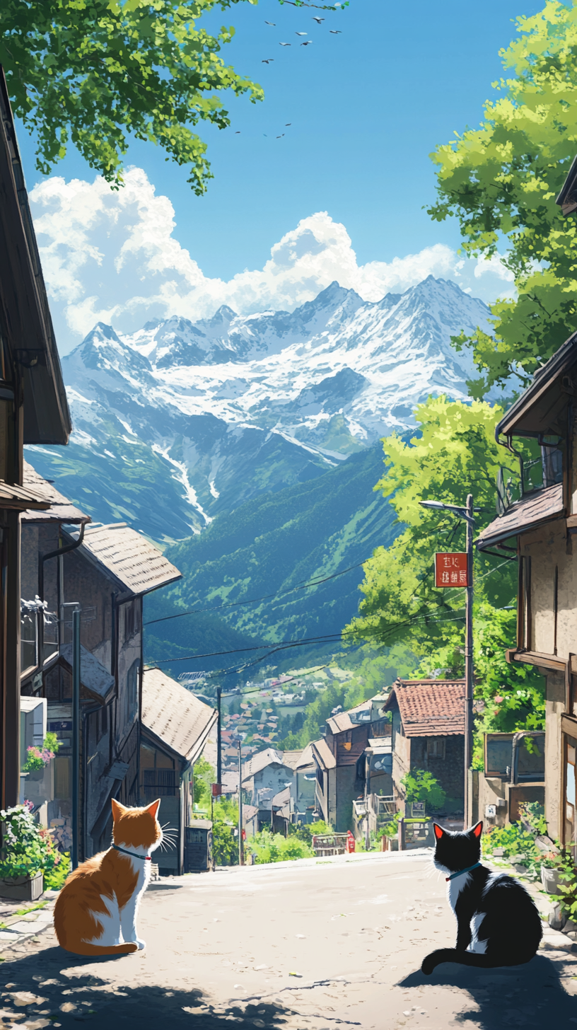 A colorful village with kittens under a blue sky.