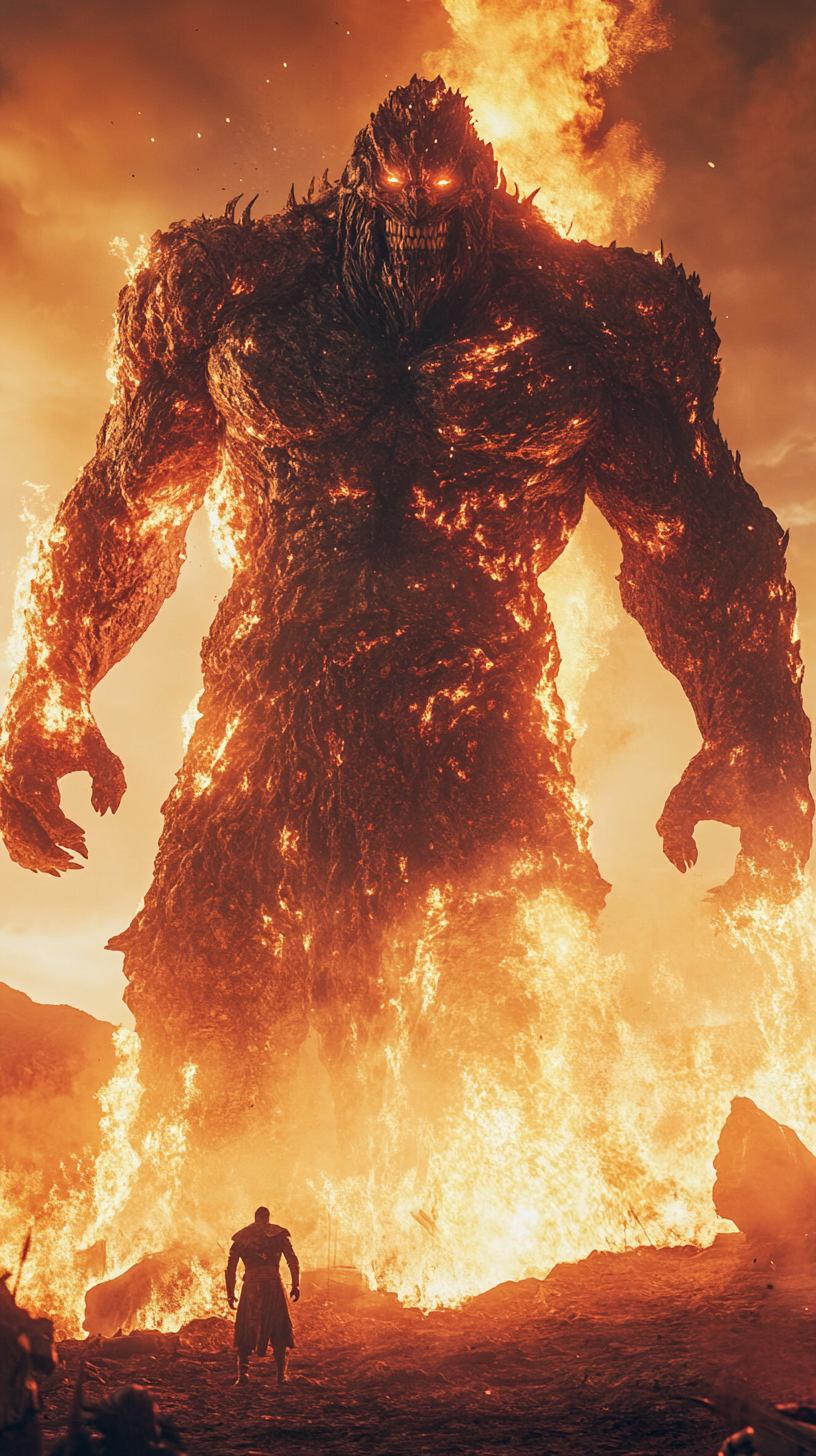 A colossal fire giant dominates an epic battlefield