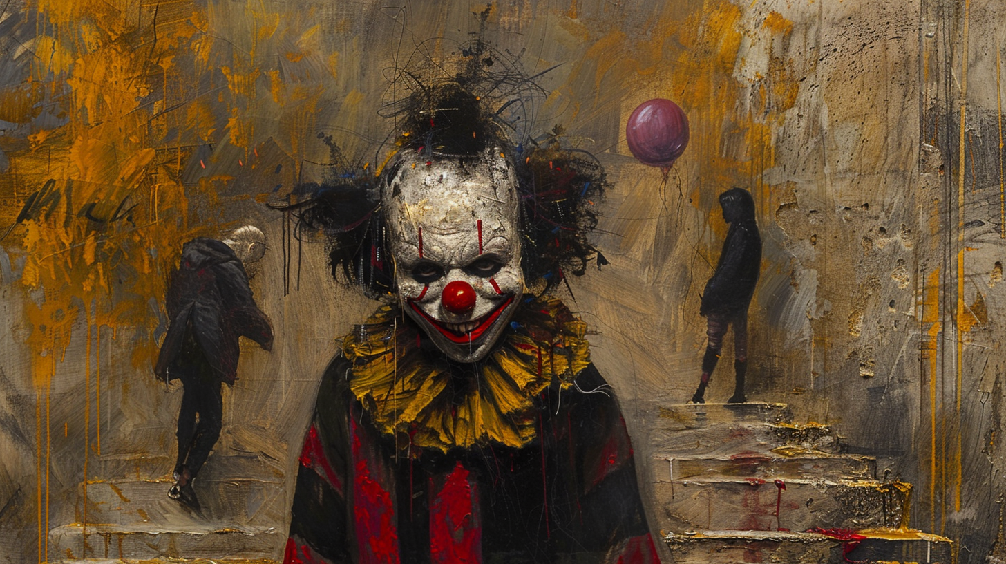 A composition with scary clowns and terrified people.