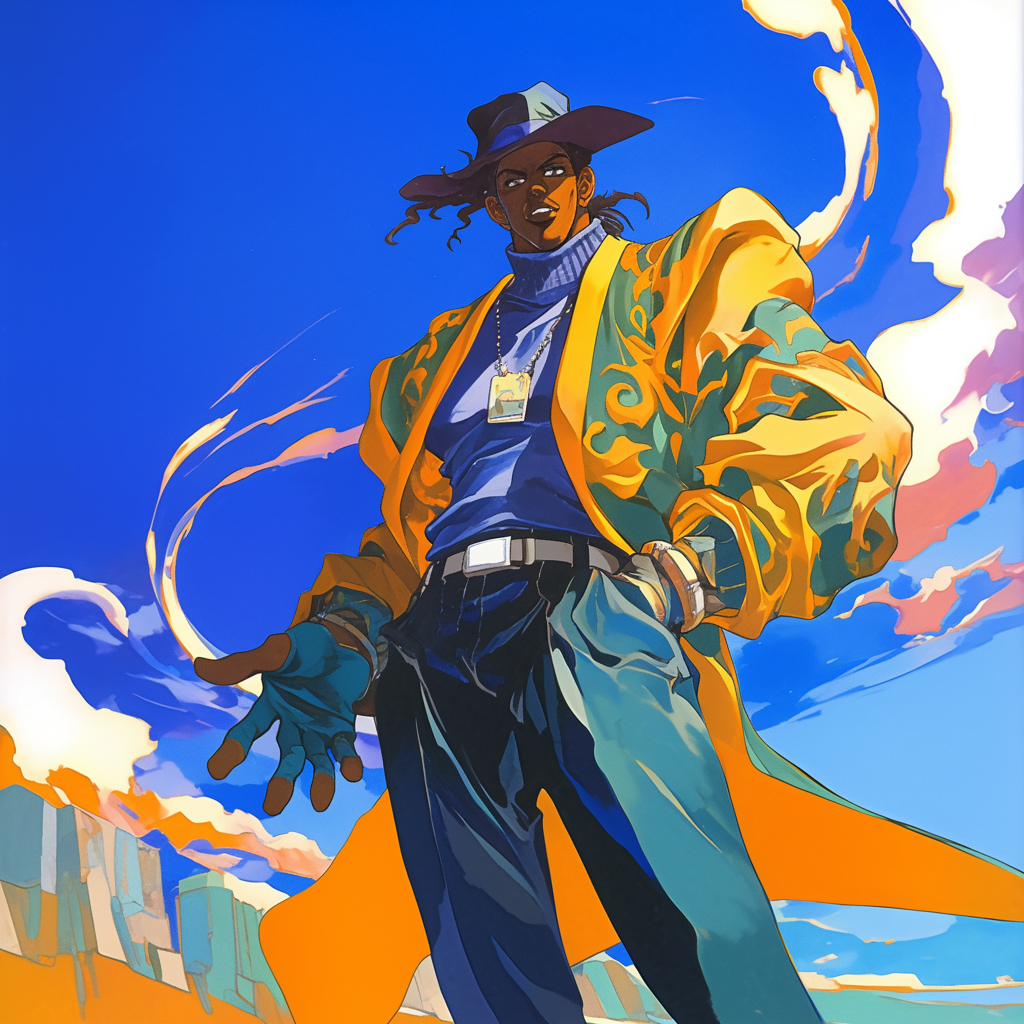 A confident African American man in colorful urban anime.