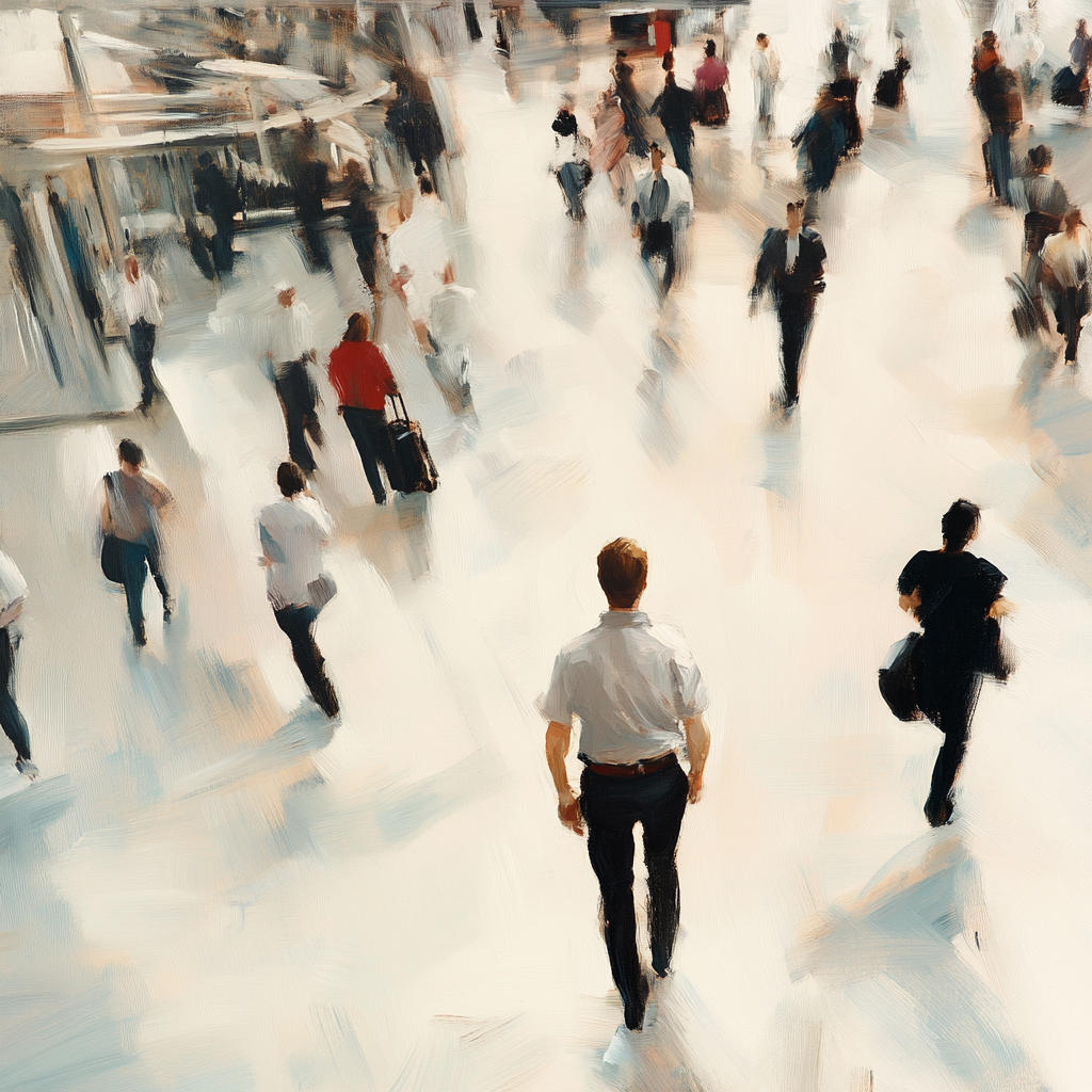 A confident man walks through crowded airport