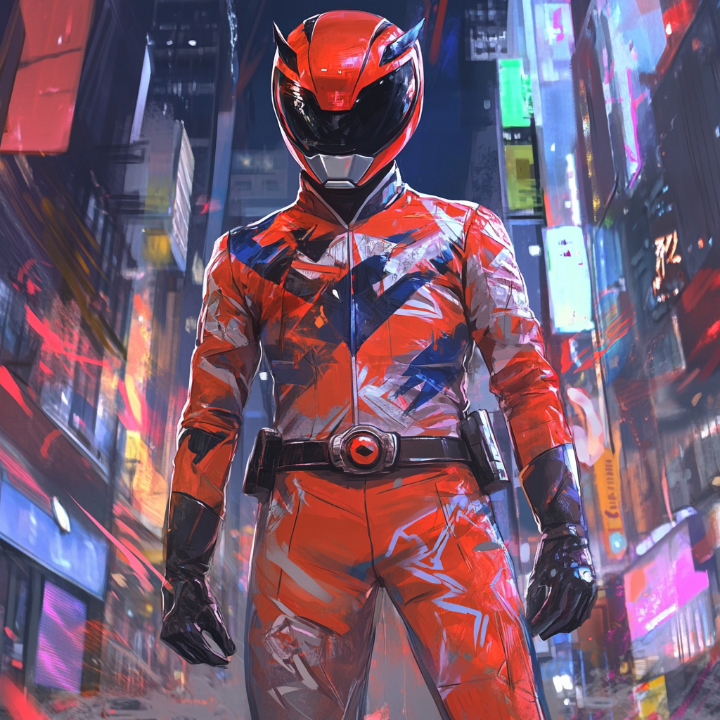 A confident red Power Ranger in vibrant city.