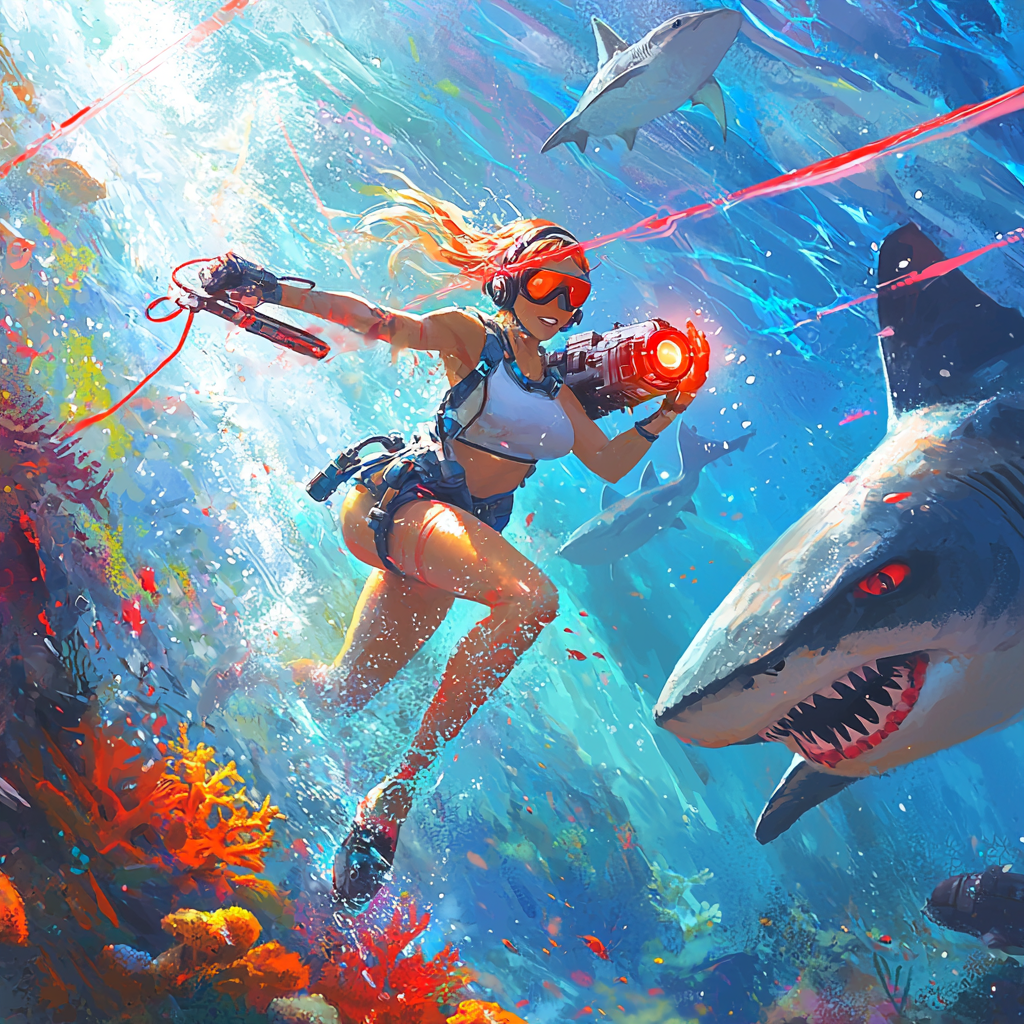 A confident woman battles robotic sharks underwater