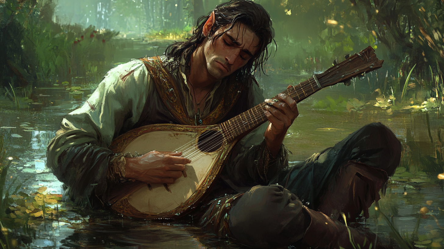 A confused male elf bard cries over broken lute.