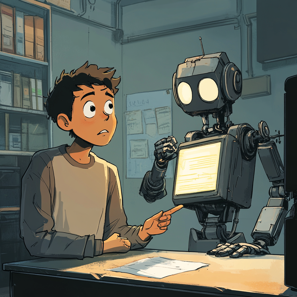 A confused young man gets help from robot.