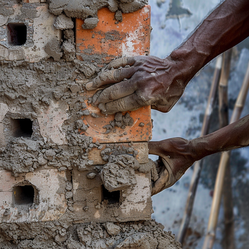 A construction worker placing brick on wall