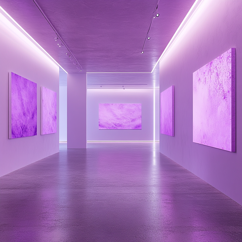 A contemporary art gallery with light purple tones.