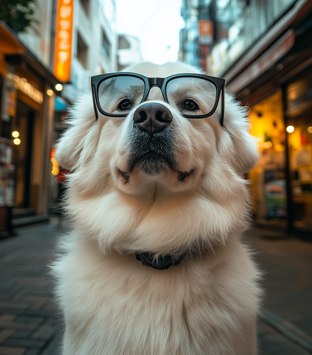 A cool Alabai dog wearing sunglasses on street.