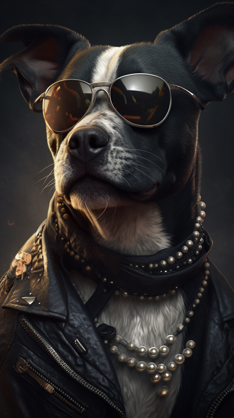 A cool dog in leather jacket and sunglasses.