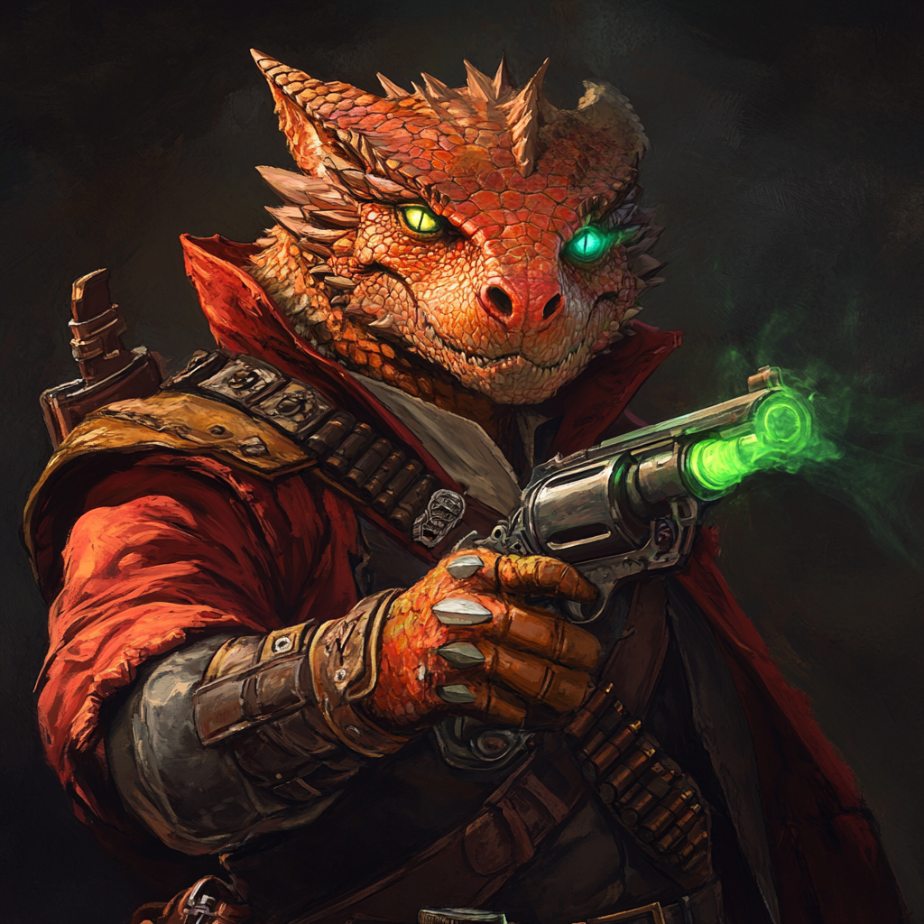 A copper dragonborn gunslinger with magic guns and shield