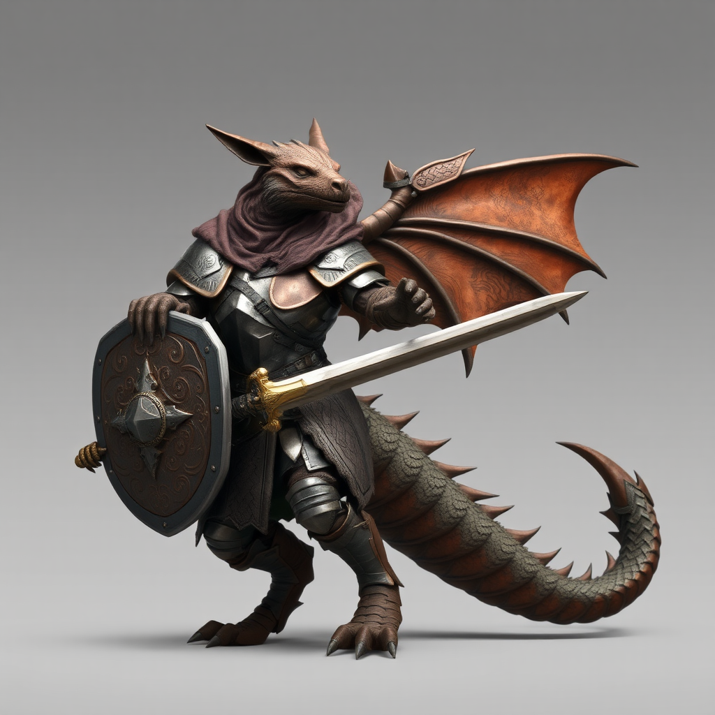 A copper dragonborn warrior with armor, sword, shield.