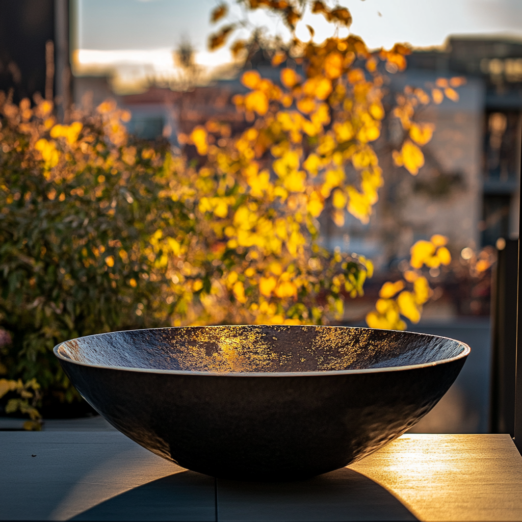 A copper pan with a matte effect in the evening light on a terrace