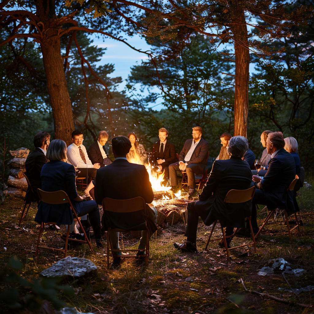 A corporate team around cozy forest bonfire