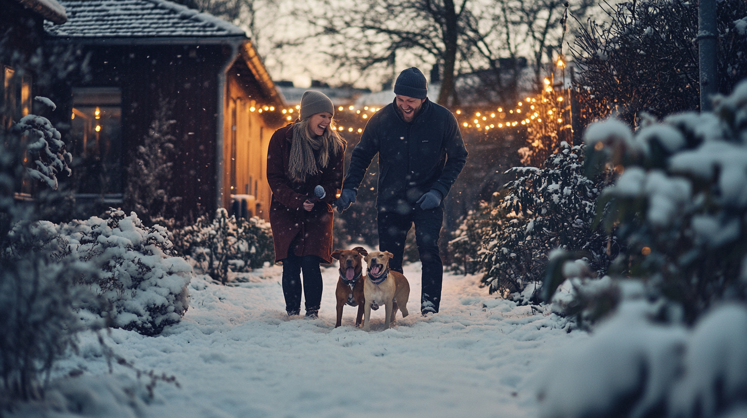 A couple finds their dogs in snowy garden.