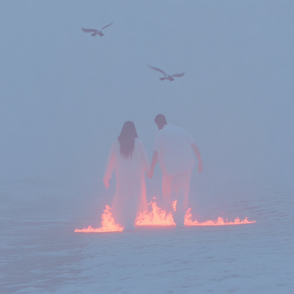 A couple in danger walking toward flames. Love theme.