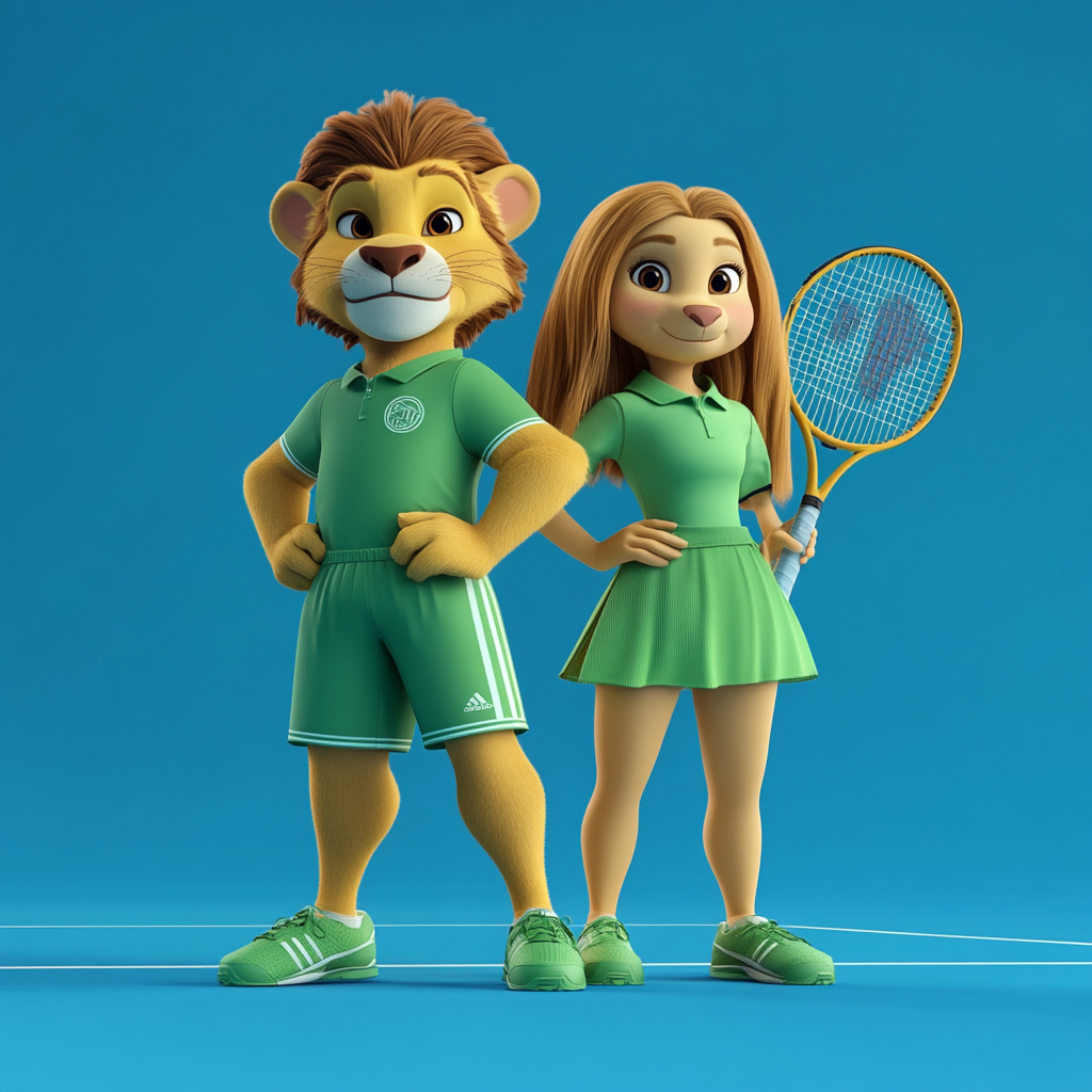 A couple of lions play doubles tennis.