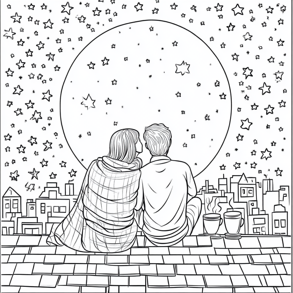 A couple sits on roof under stars, coloring book