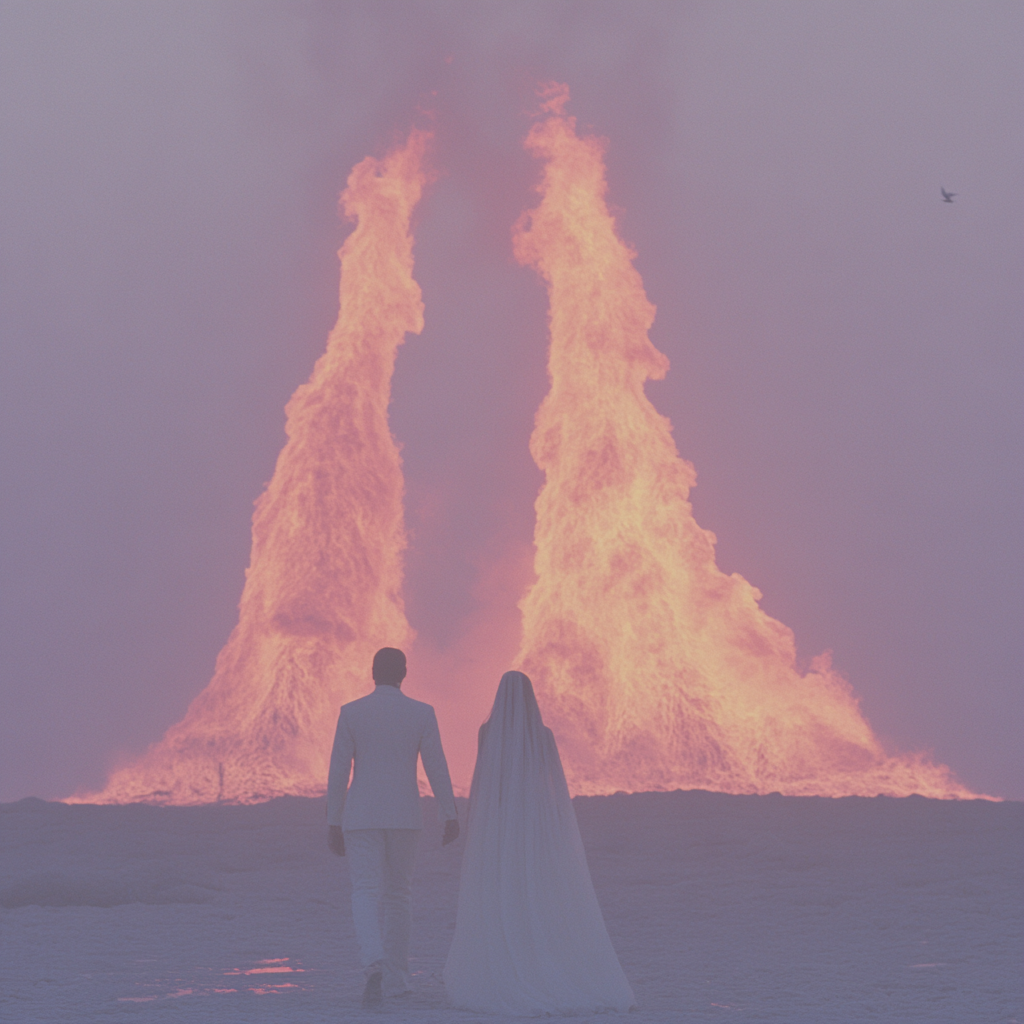 A couple walks to fire in sea at sunset.