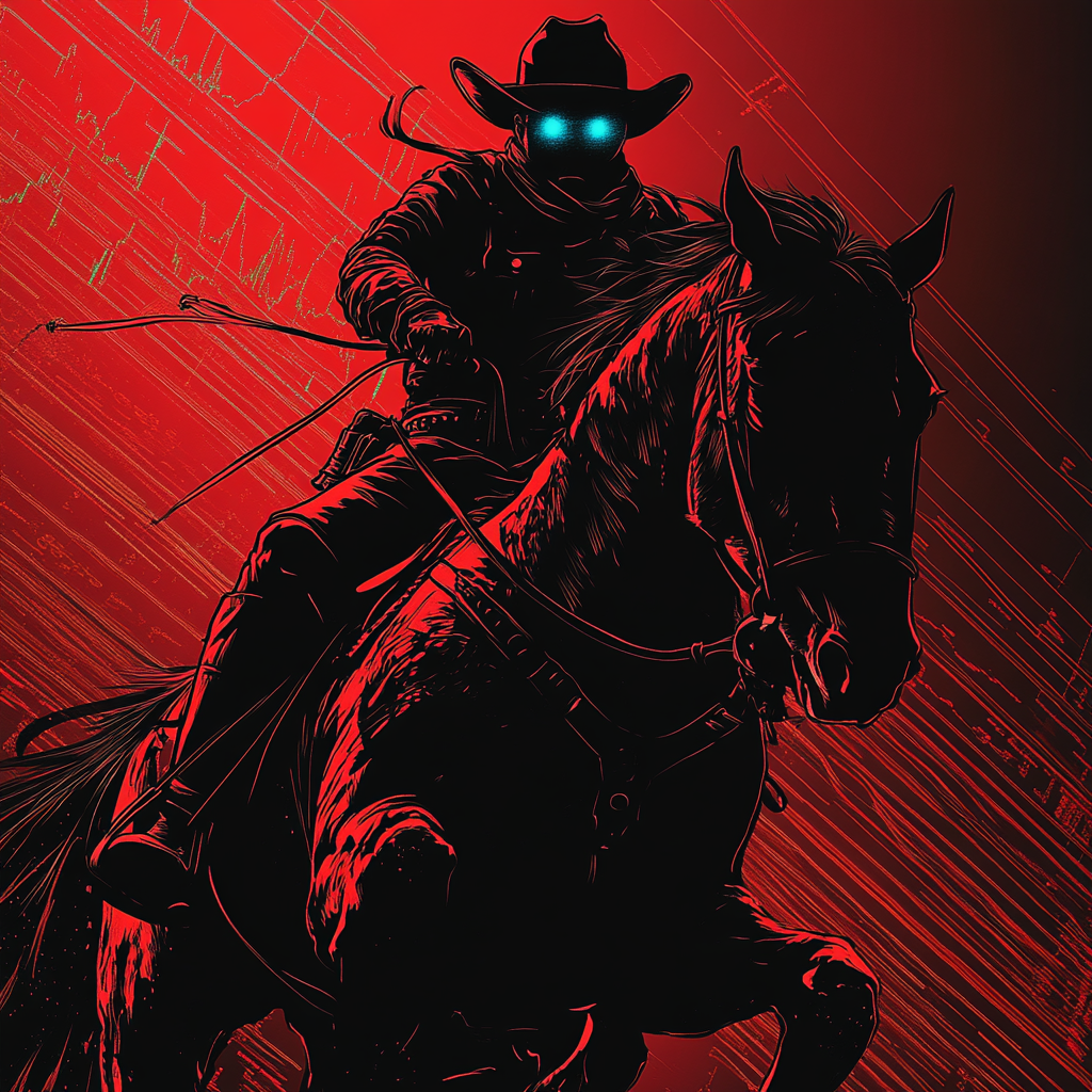 A cowboy on a rearing horse in red shadows.