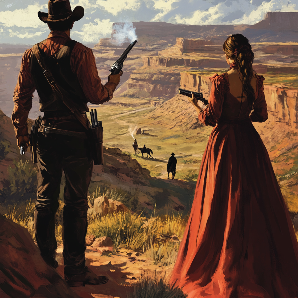 A cowboy with a rifle, woman, canyon, horses.