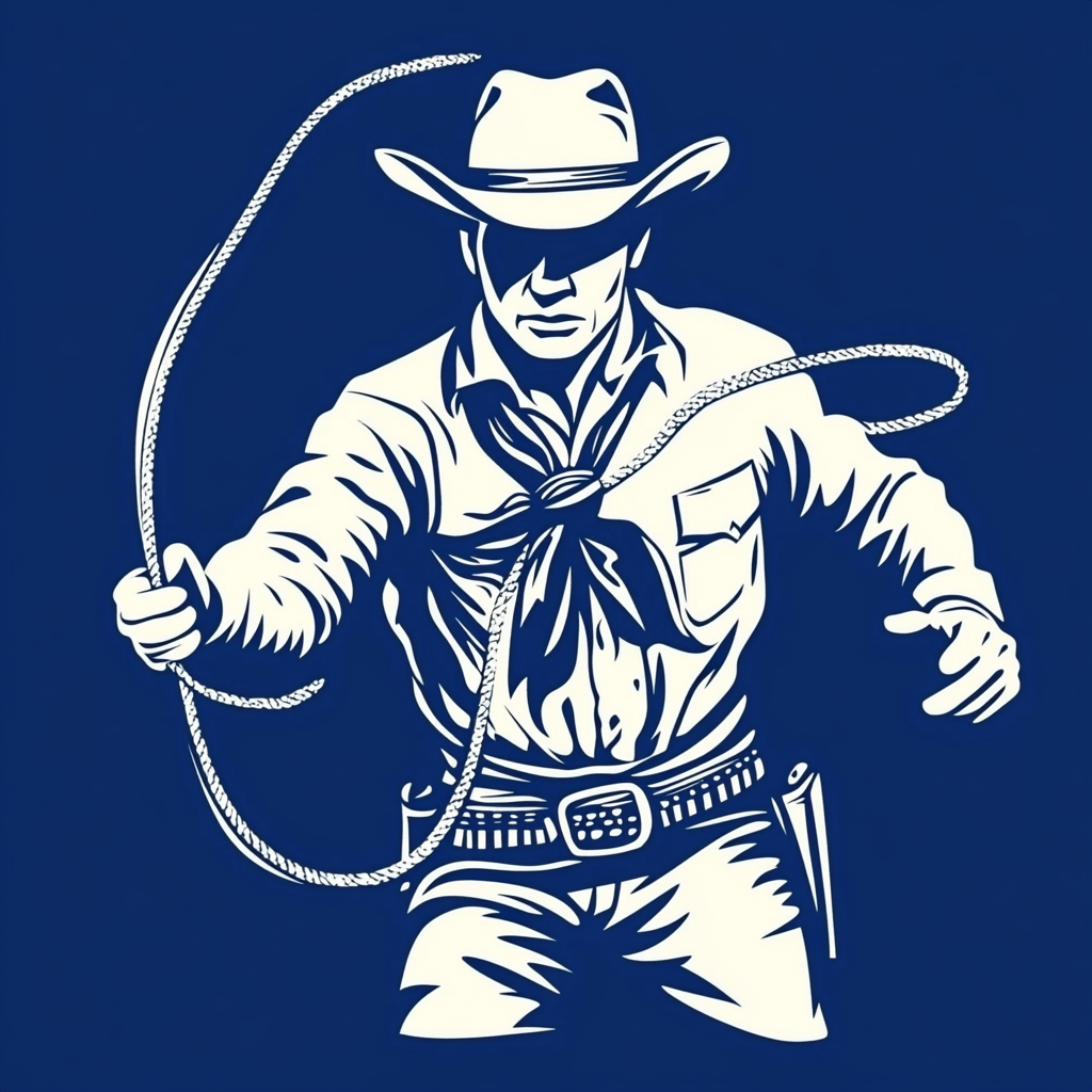 A cowboy with lasso and hat on logo