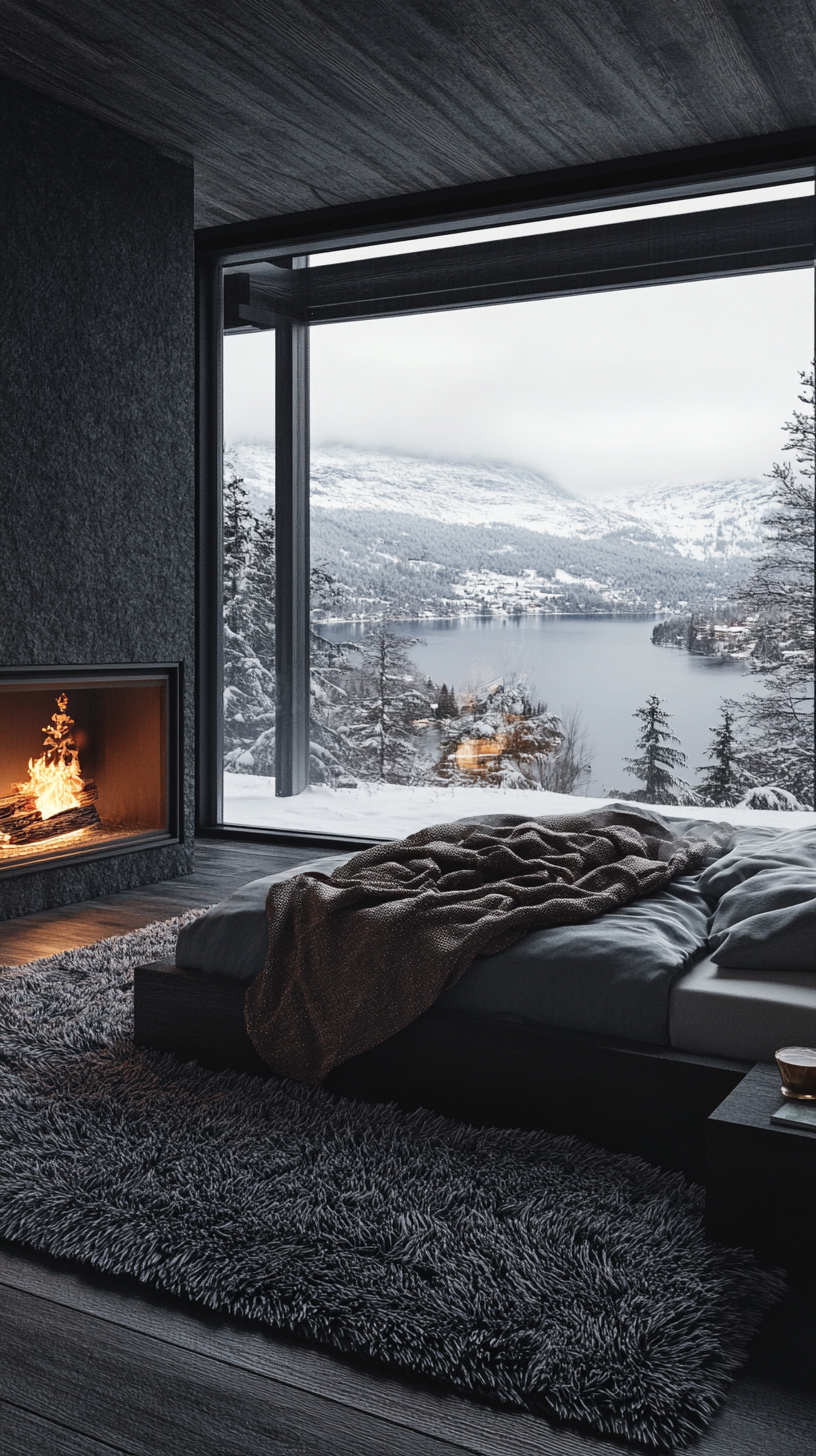 A cozy, modern bedroom with snowy fjord view.