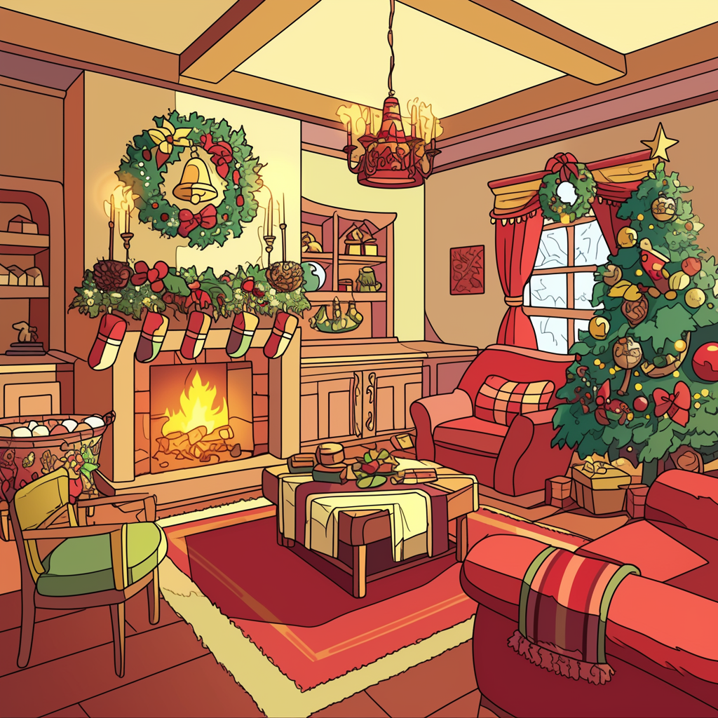 A cozy Christmas living room with fire