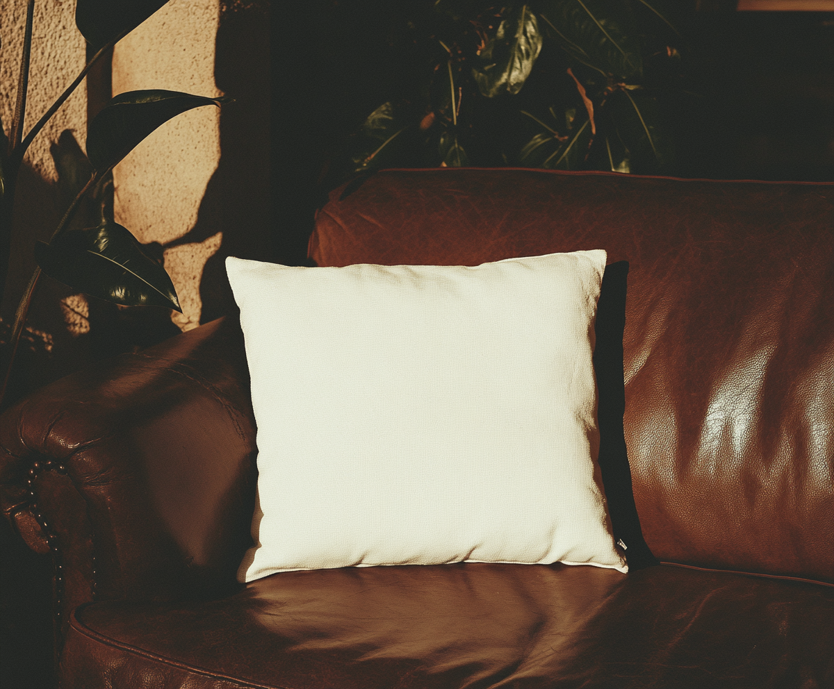 A cozy Christmas pillow on leather couch.