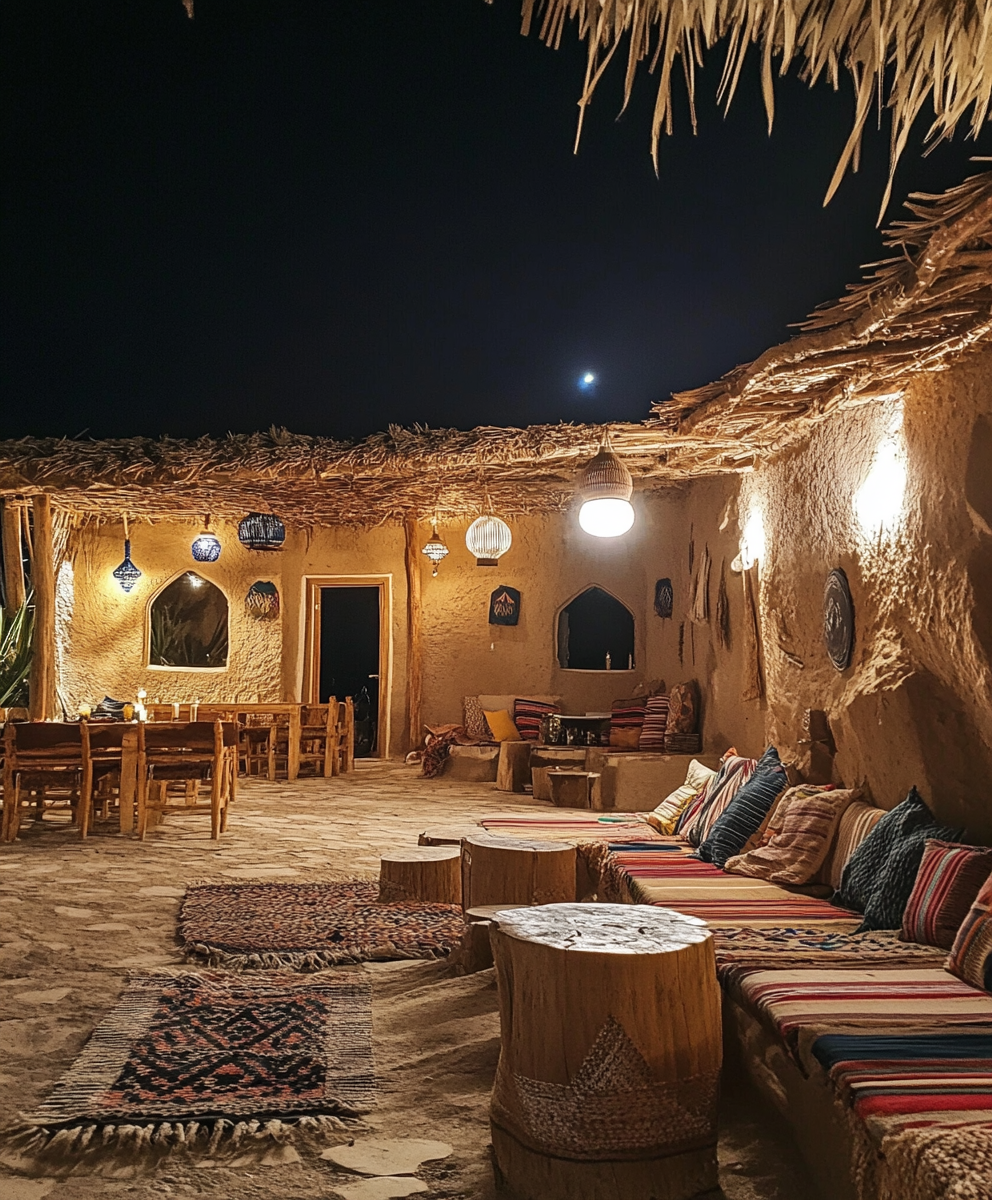 A cozy Middle Eastern village night scene