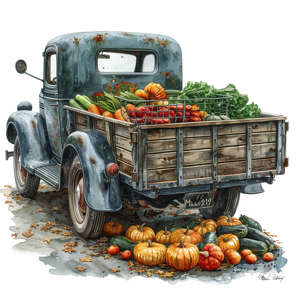 A cozy Thanksgiving scene with a vintage truck.