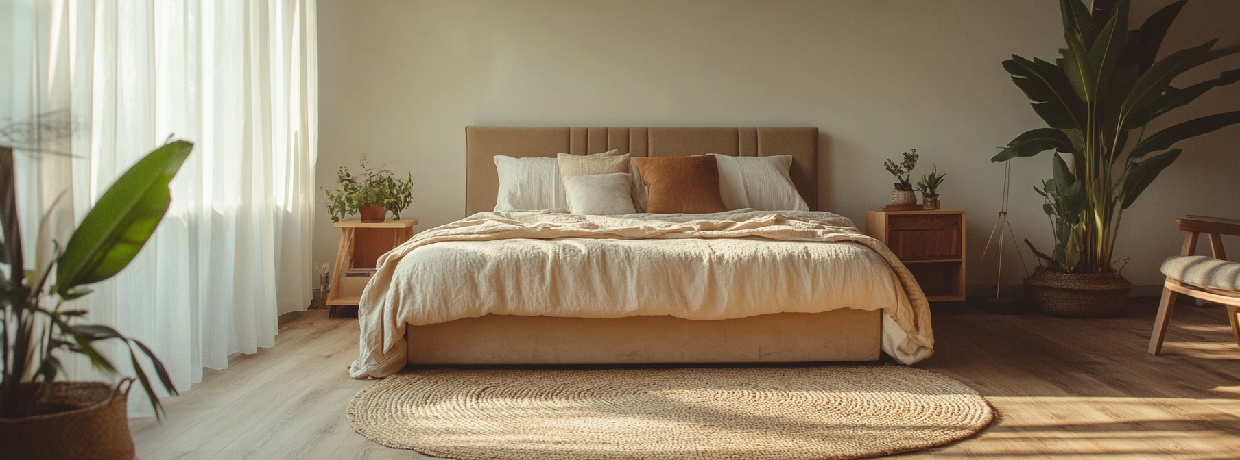 A cozy bedroom with beige bed and wooden floors.